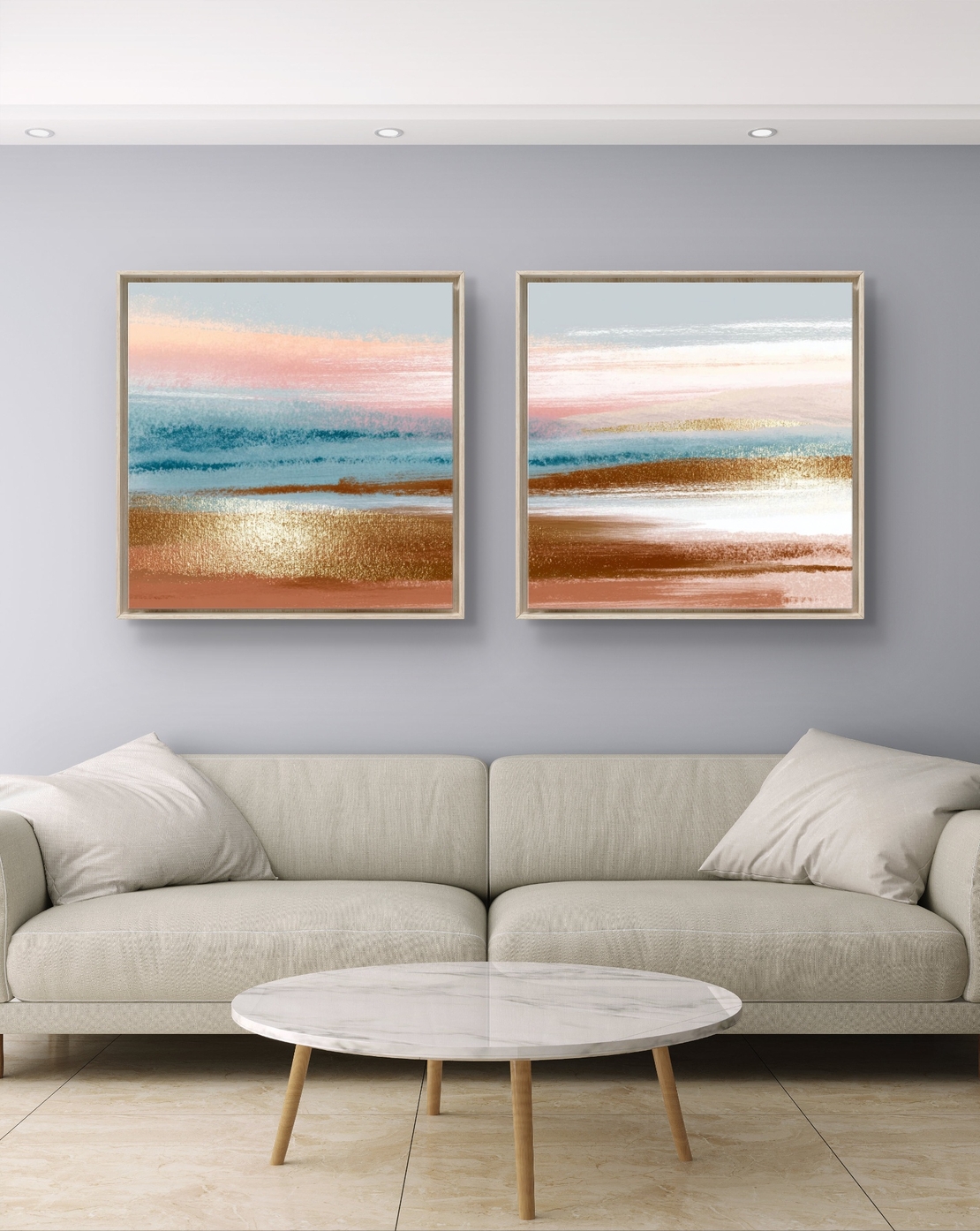 זוג תמונות קנבס מרובעות בגווני פסטל עדינים המדמים שקיעה רגועה – תכשיט לבית