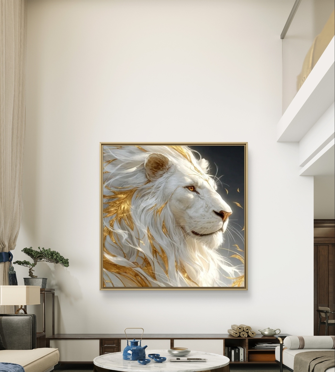 תמונת קנבס מרובעת של אריה לבן אצילי עם רעמה זהובה על רקע כהה יוקרתי