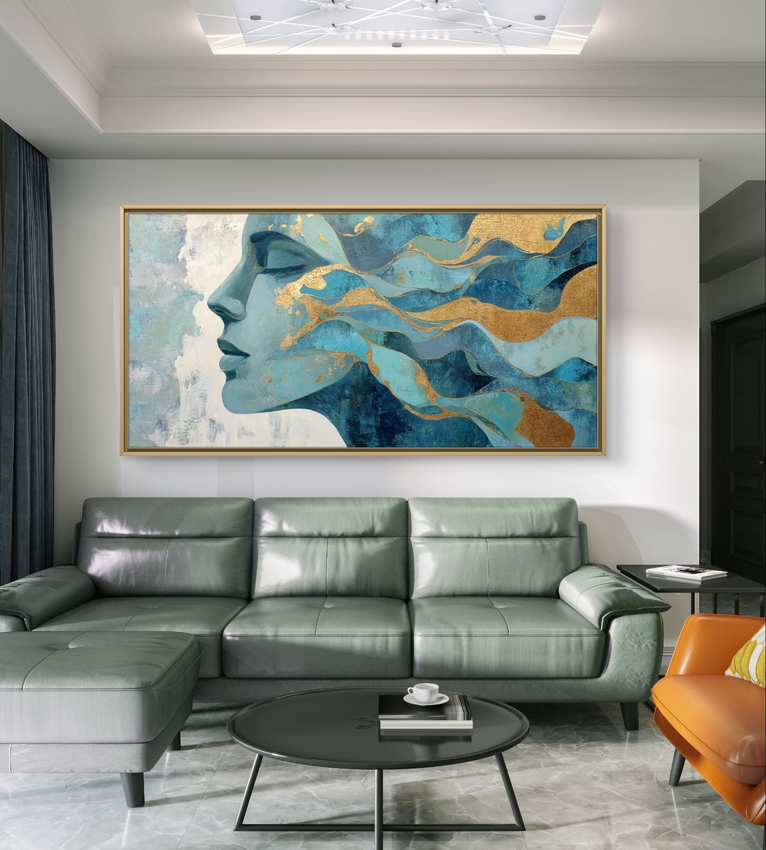 הדמיית סלון עם קנבס יוקרתי בטורקיז וזהב, מראה מודרני ונקי