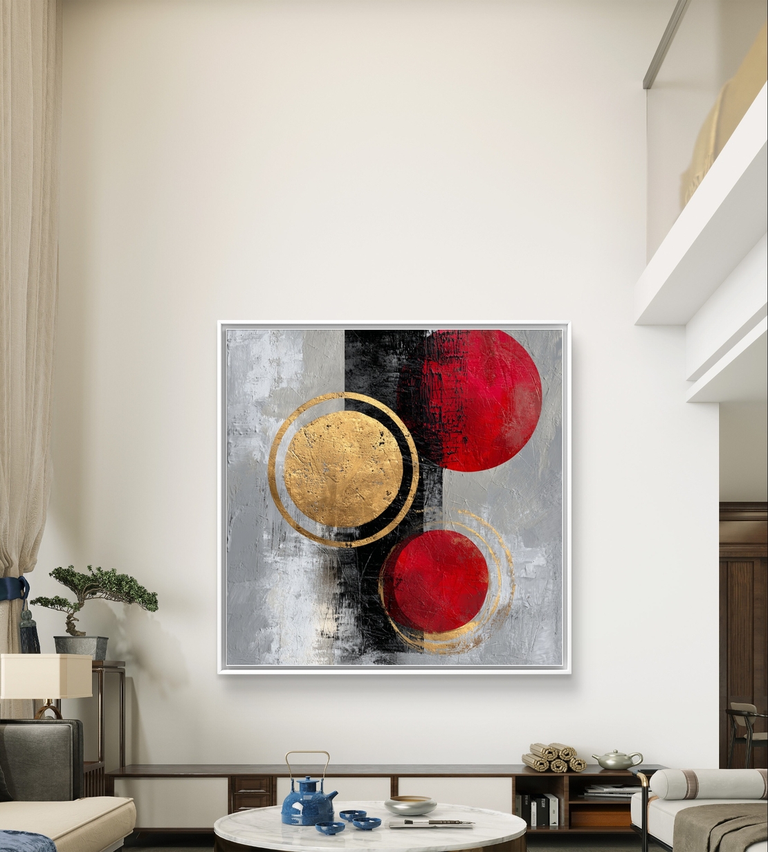 תמונת קנבס מרובעת אבסטרקטית עם עיגולים אדומים וטבעות זהב על רקע אפור ושחור