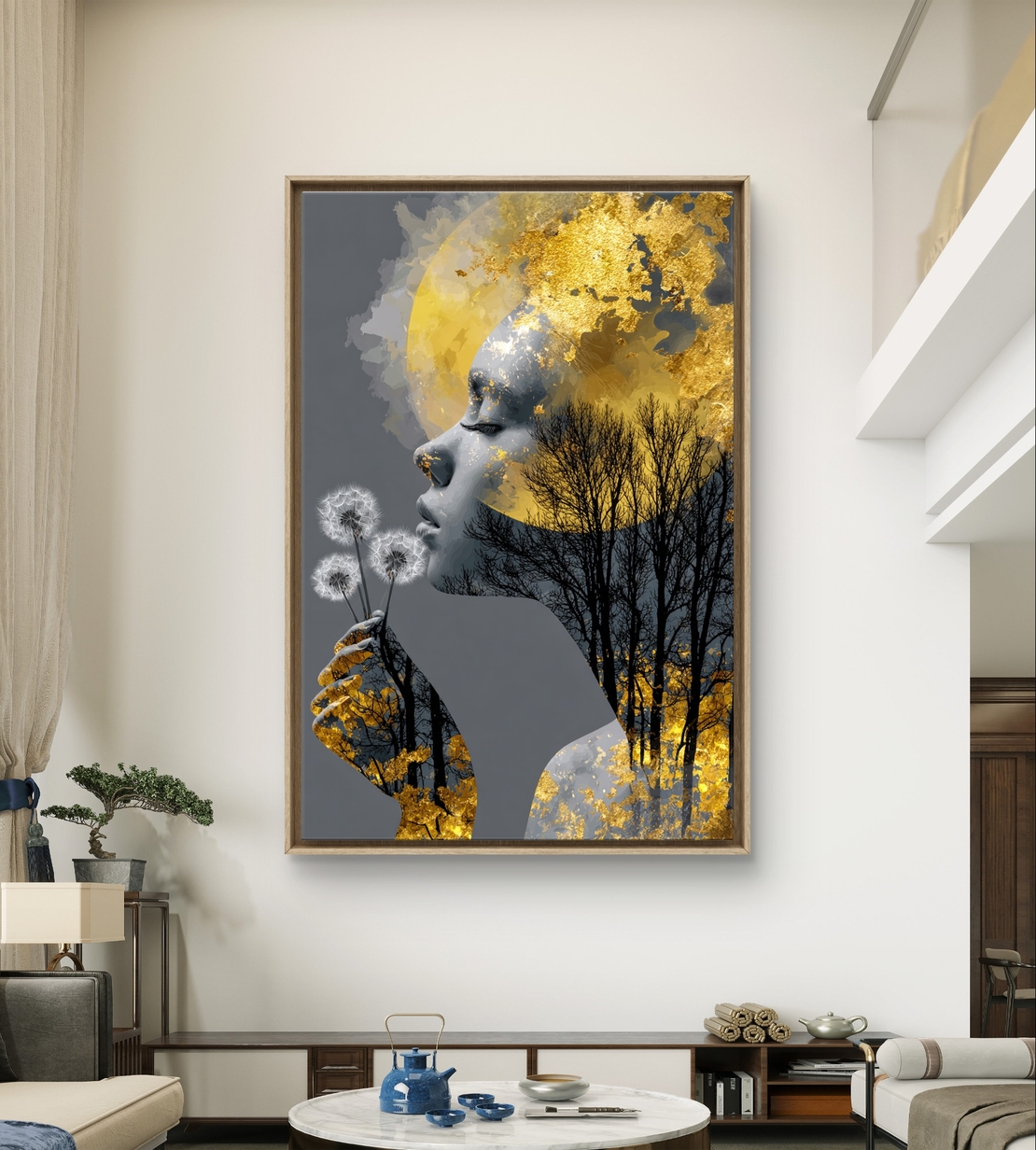 תמונת קנבס אומנותית של אישה עם נגיעות זהב, עצים ופרח, בעיצוב רגשי ומודרני