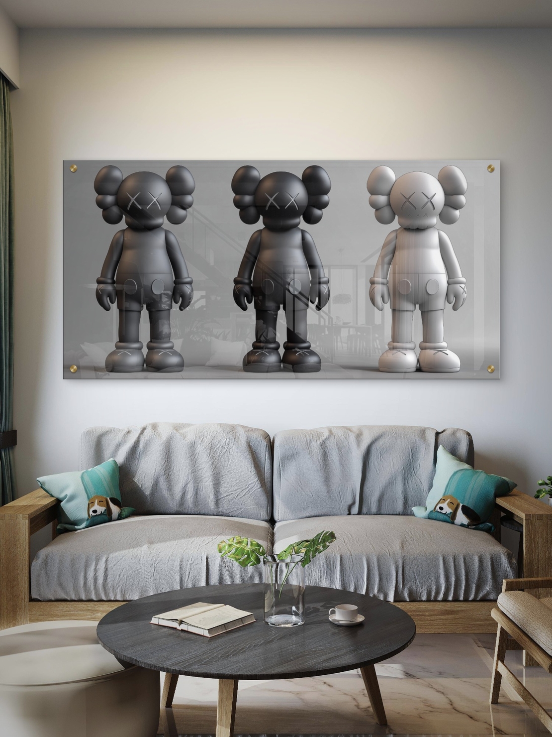 תמונת זכוכית לרוחב עם שלושה פסלים מודרניים בגווני שחור, אפור ולבן, עיצוב עכשווי מקולקציית NEXTGEN BY BAR