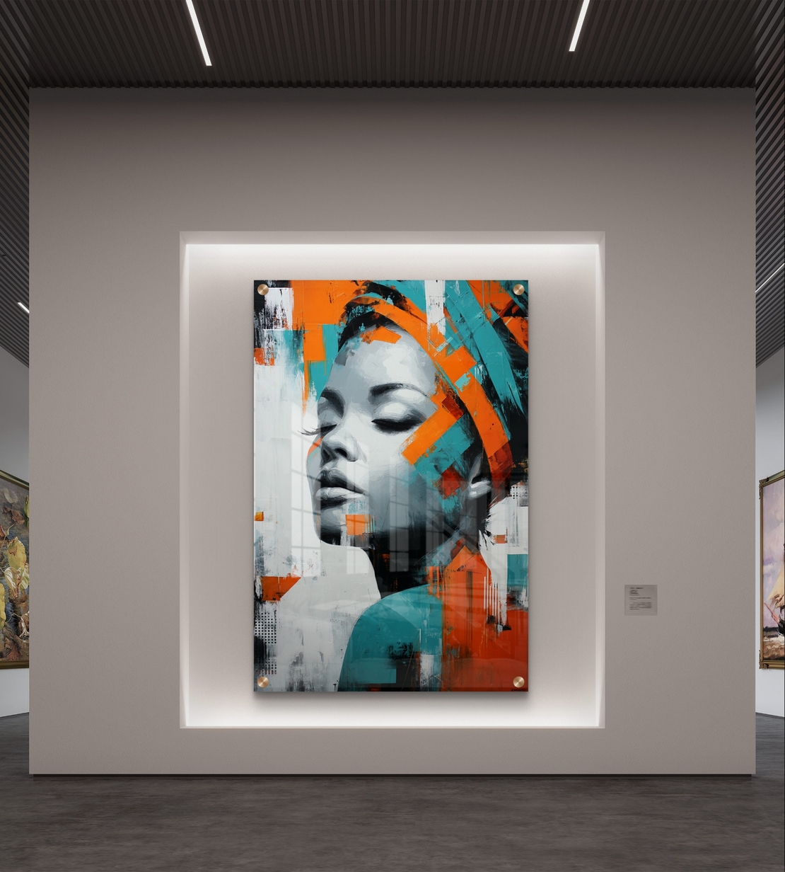 תמונת זכוכית פורטרט מודרני בגווני טורקיז וכתום עם הדפסה חלקה ללא תבליט – תכשיט לבית