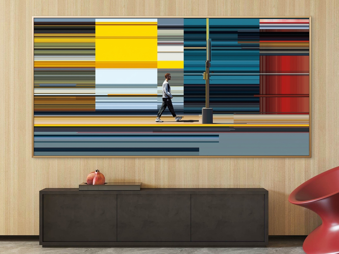תמונת קנבס מודרנית עם דמות צועדת על רקע קווים צבעוניים מופשטים בגווני צהוב, אדום וטורקיז – NEXTGEN BY BAR