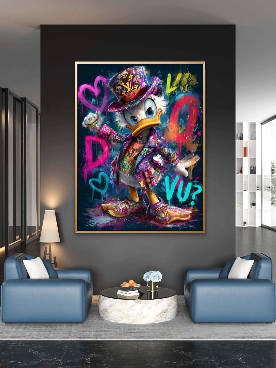 תמונת קנבס צבעונית בסגנון גרפיטי אורבני עם דמות מאוירת וצבעים עזים לעיצוב מודרני לבית