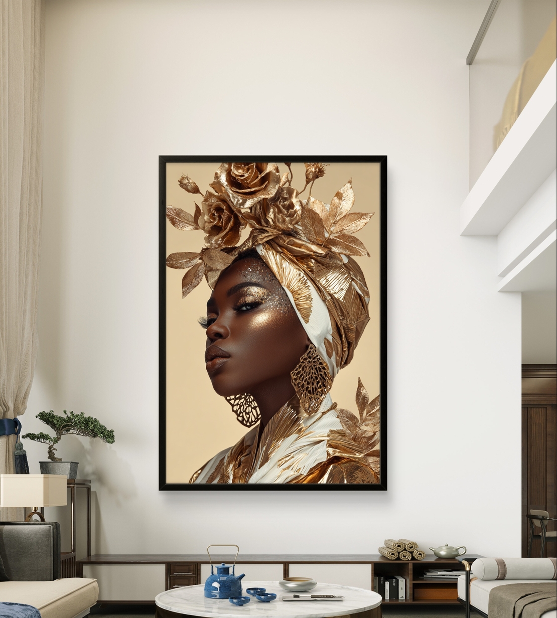 מלכת הזהב – תמונת קנבס פורטרט יוקרתי בזהב, שמנת וחום עמוק | CY1212