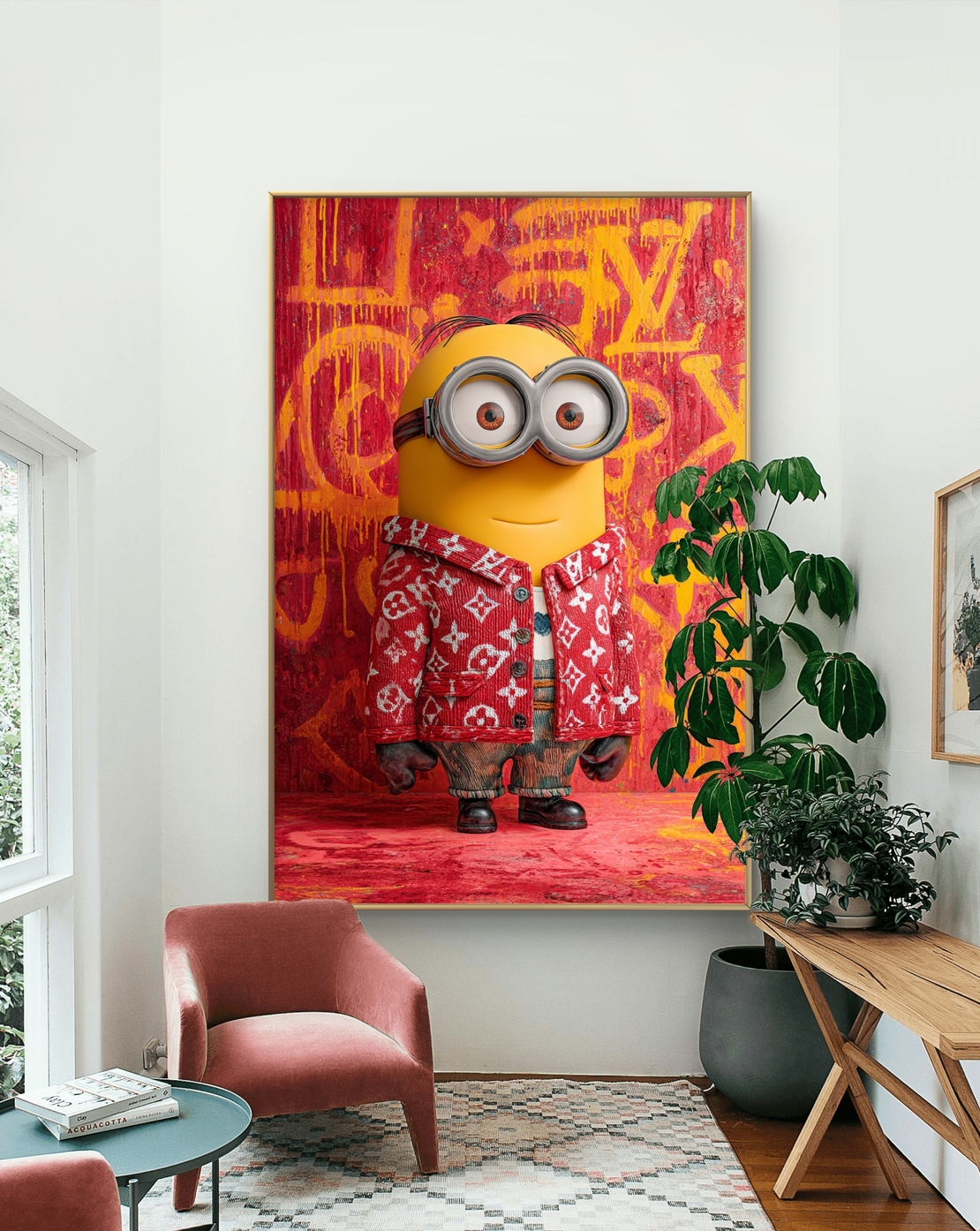 תמונת קנבס צבעונית עם דמות מצוירת בסגנון גרפיטי ואופנה אורבנית על רקע אדום