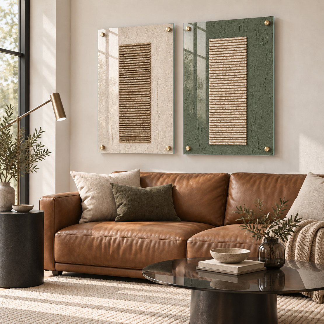 זוג תמונות זכוכית טקסטורות ארוגות בירוק ובז׳ | דגם HG3053