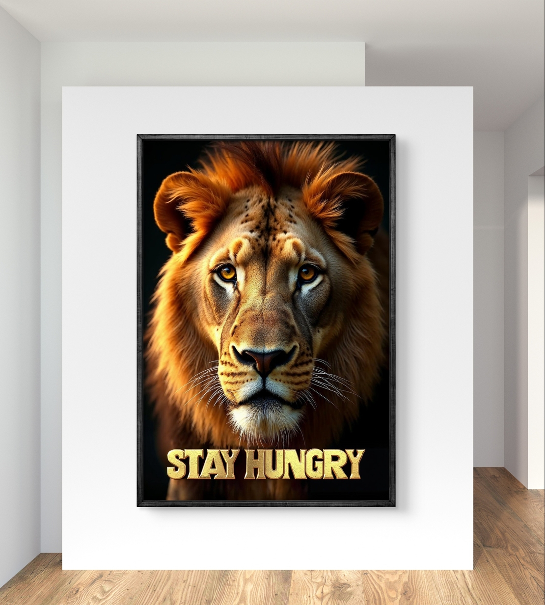 תמונת קנבס של אריה מביט קדימה עם טקסט Stay Hungry בצבע זהב, מתוך קולקציית M-X ART לעיצוב מעורר השראה