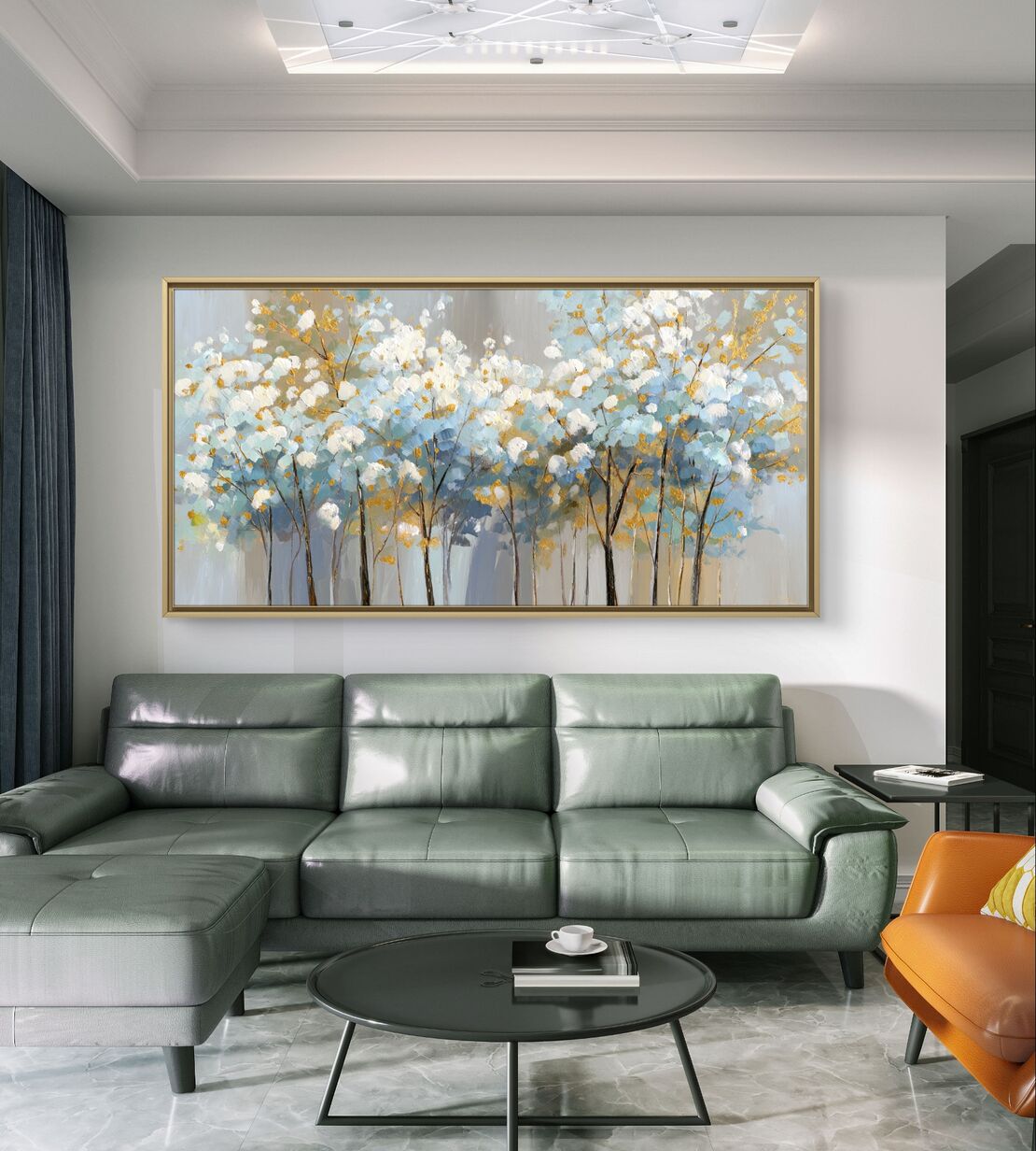 תמונת קיר רוחבית – עצים דקים עם פריחה בהירה על רקע אפור-תכלת, נגיעות זהב