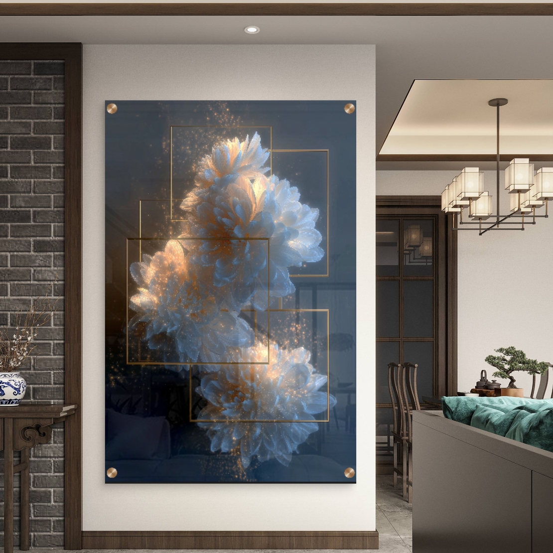 תמונת זכוכית של פרחים לבנים בתאורה זהובה עם מסגרות זהב מרחפות – NEXTGEN BY BAR