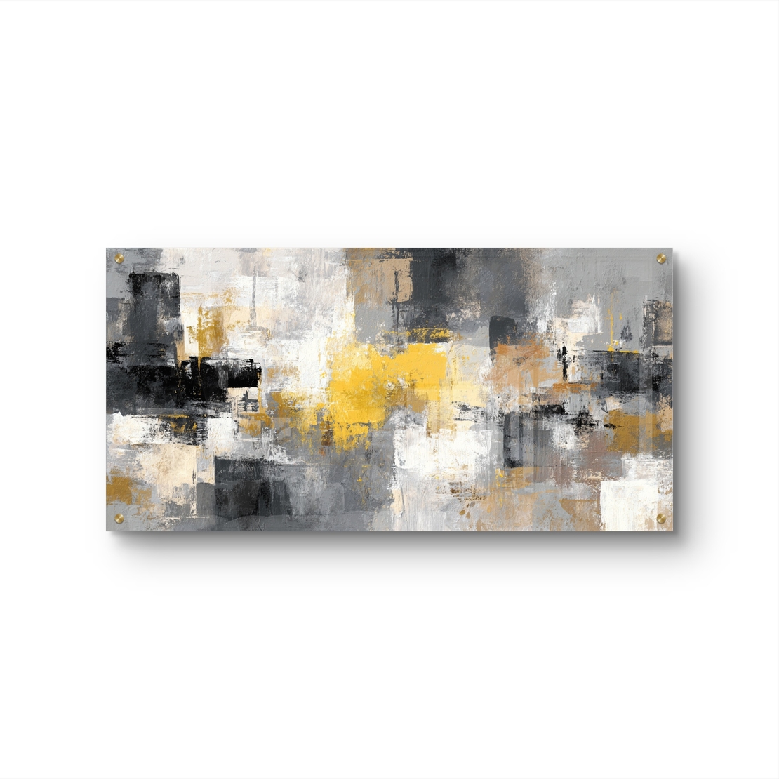 תמונת זכוכית לרוחב בעיצוב אבסטרקטי בגווני אפור, שחור וזהב עם מראה מודרני ויוקרתי