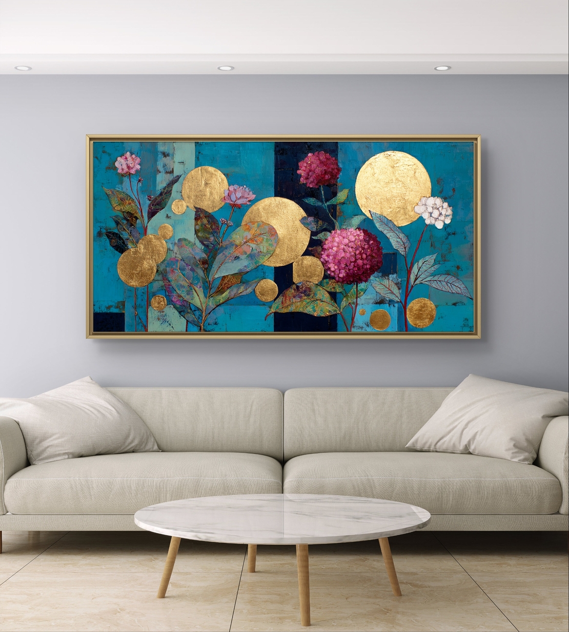 גן הזהב הבוטני – תמונת קנבס פרחים וזהב על רקע טורקיז | CY4512