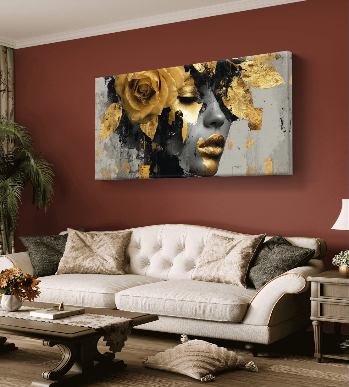 תמונת קנבס לרוחב עם דיוקן נשי דרמטי בגווני שחור וזהב ועיטורי עלי זהב