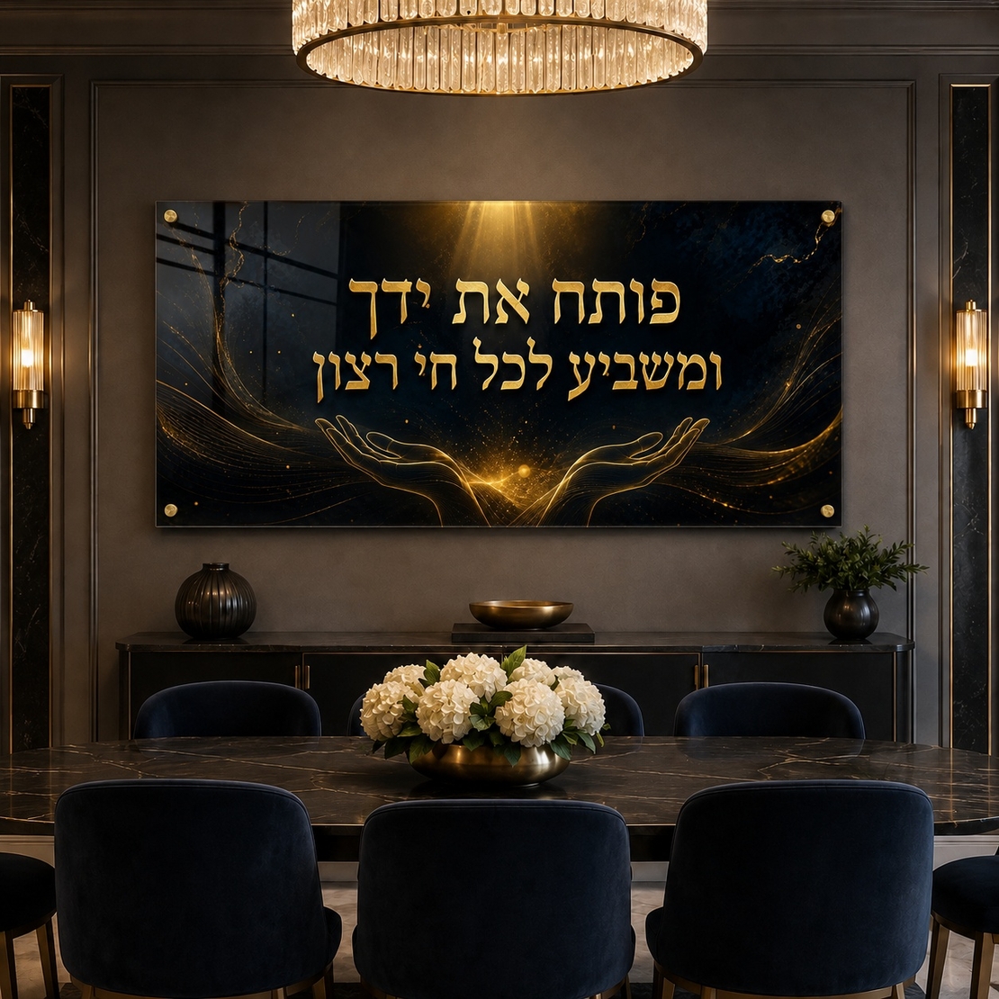 אור השפע שחור זהב – תמונת זכוכית לרוחב פותח את ידך לסלון | RG4063