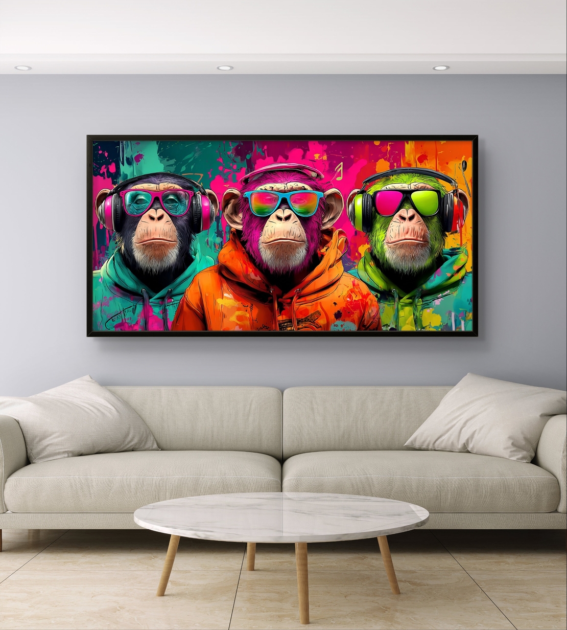 שלושת ה-DJ – תמונת קנבס קופים עם אוזניות בסגנון פופ-ארט | CY4513