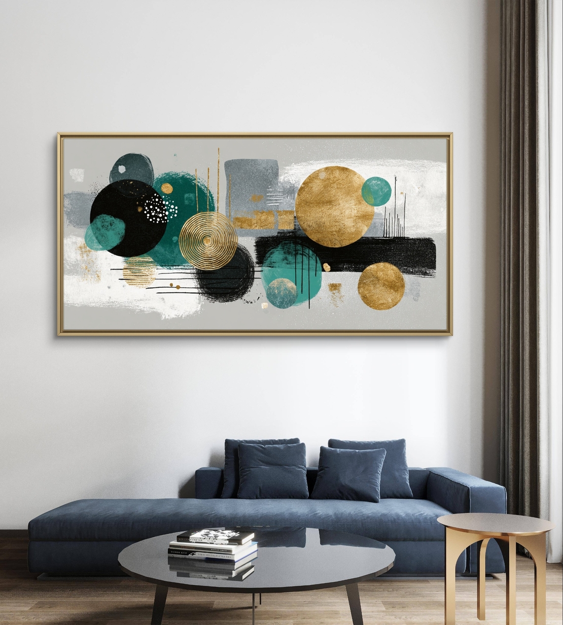 ציור קיר מודרני בגווני טורקיז, אפור וזהב מטאלי.