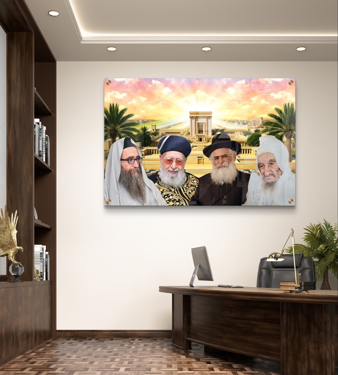 תמונת זכוכית המציגה ארבעה רבנים דגולים על רקע בית המקדש המואר באור שקיעה זהוב, עם עצי דקל וצבעים מרהיבים של קדושה ונוף.