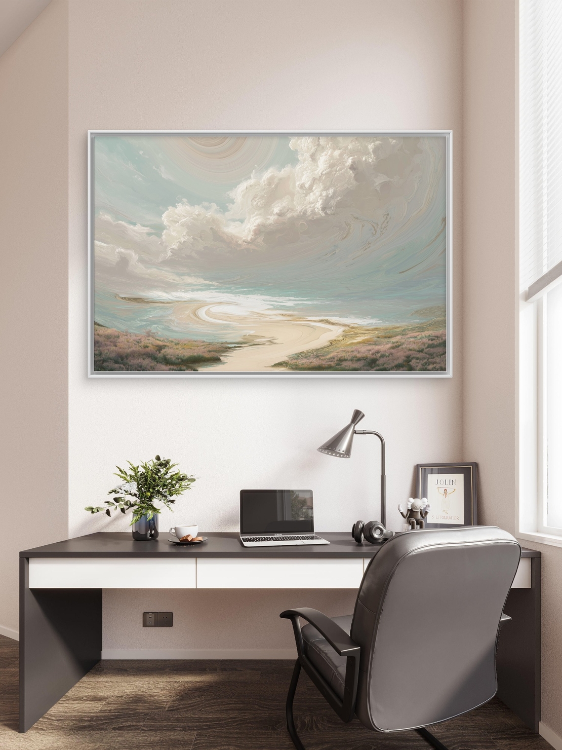 תמונת קנבס של חוף טבעי עם שמיים בתכלת-קרם ועננים מסתחררים – NEXTGEN BY BAR