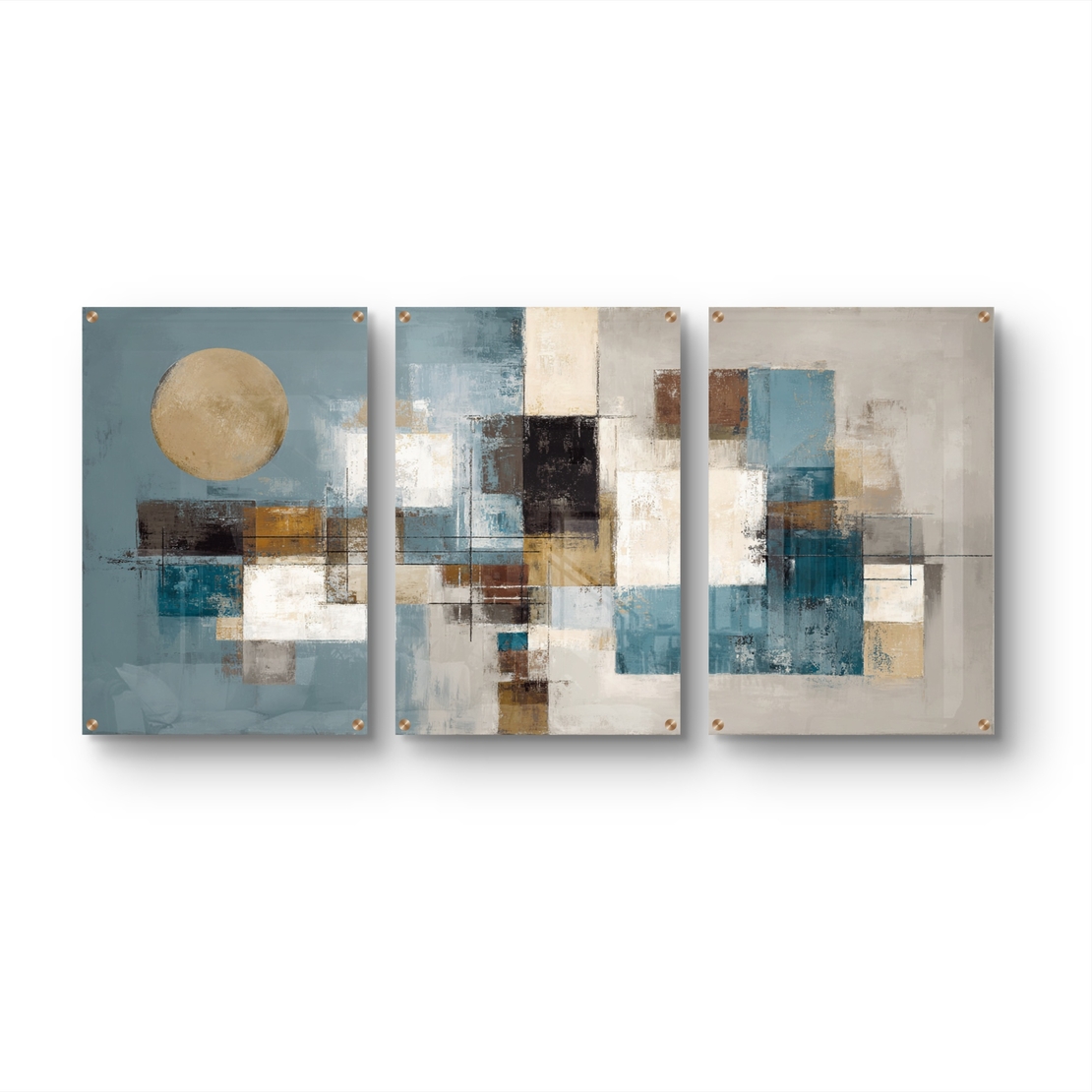 שלישיית תמונות זכוכית אבסטרקטיות בגווני תכלת, זהב ושמנת בעיצוב מודרני ויוקרתי לסלון
