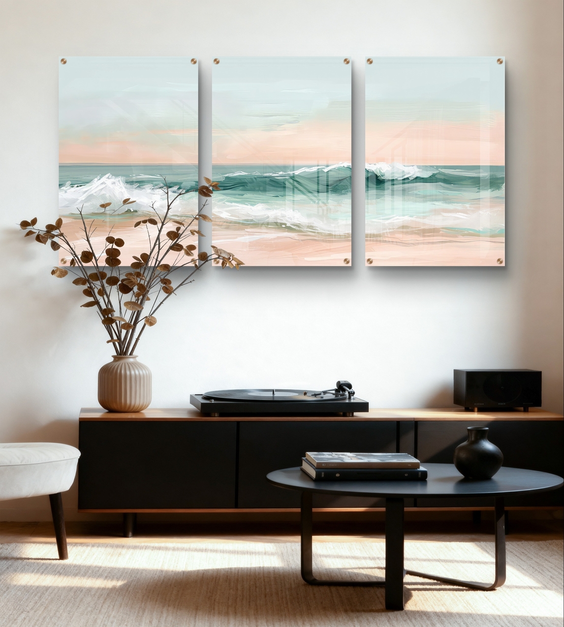 שלשת תמונות זכוכית חוף פסטלי בגווני טורקיז, שמנת ואפרסק – דגם GG5471