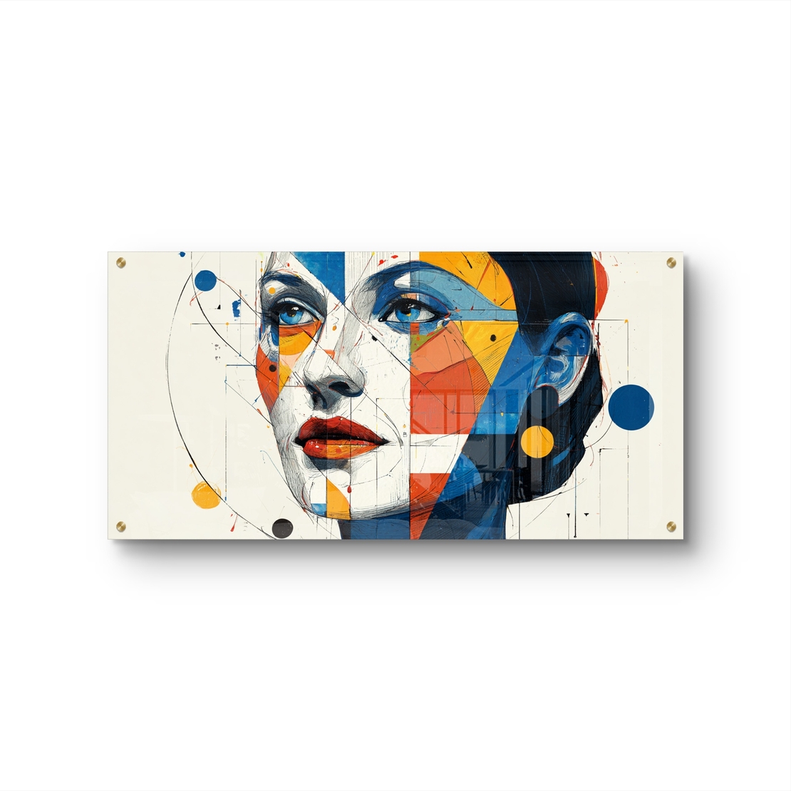 תמונת זכוכית לרוחב עם דיוקן נשי גאומטרי בצבעי כחול, כתום וצהוב – תכשיט לבית