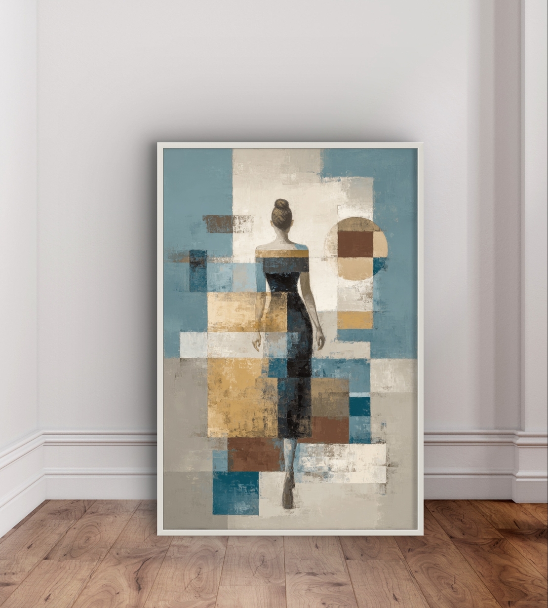 תמונת קנבס של דמות נשית מאחור בסגנון אבסטרקט גאומטרי בגוונים רגועים