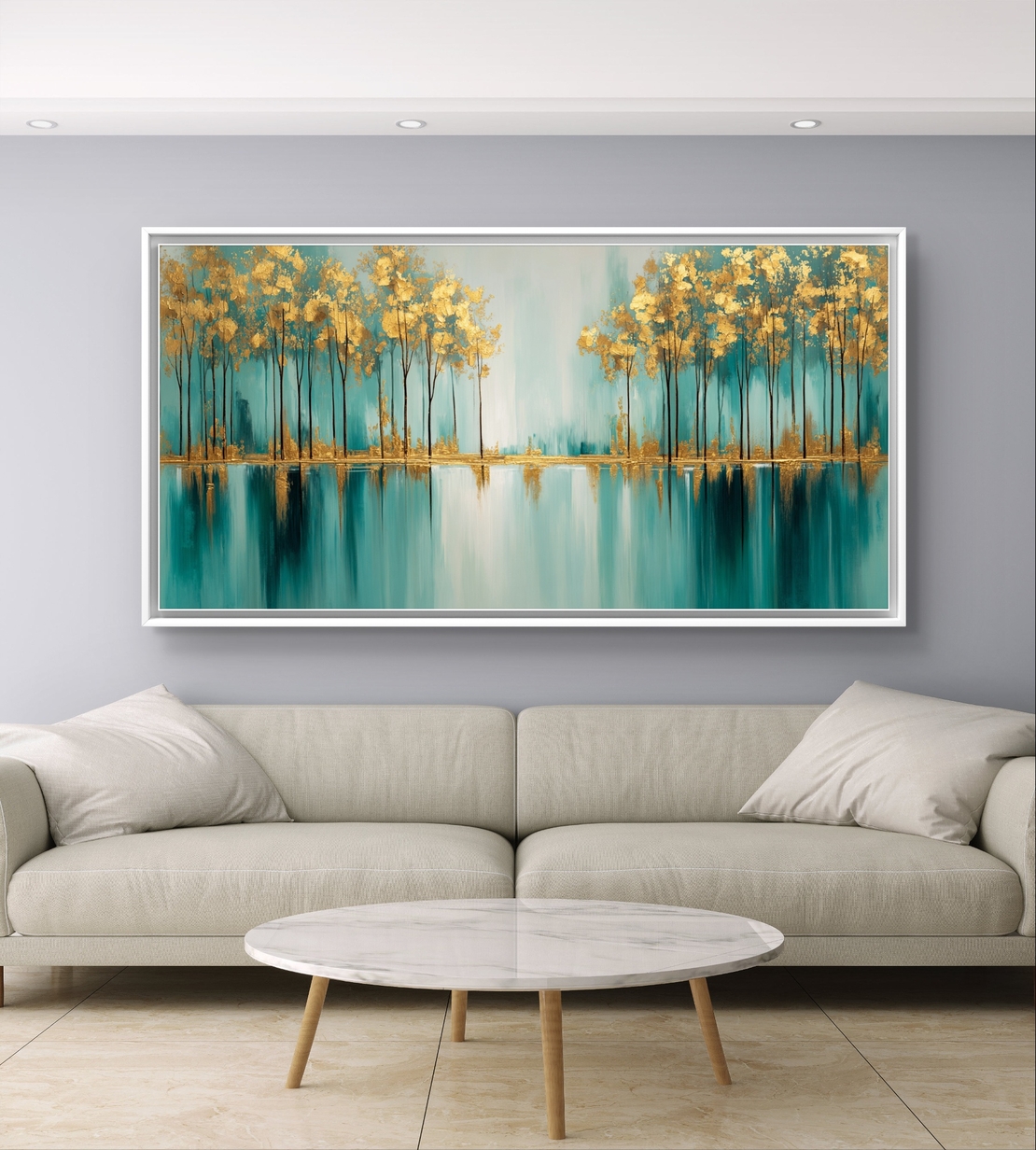 אגם זהב – תמונת קנבס עצים מוזהבים מעל השתקפות טורקיז רגועה | CK7122