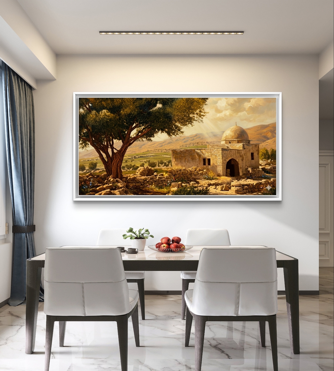 תמונת קנבס לרוחב של קבר רחל אימנו בנוף ארץ ישראלי פתוח עם אור חמים, עץ עתיק ומבנה קדוש – עיצוב רוחני מבית תכשיט לבית