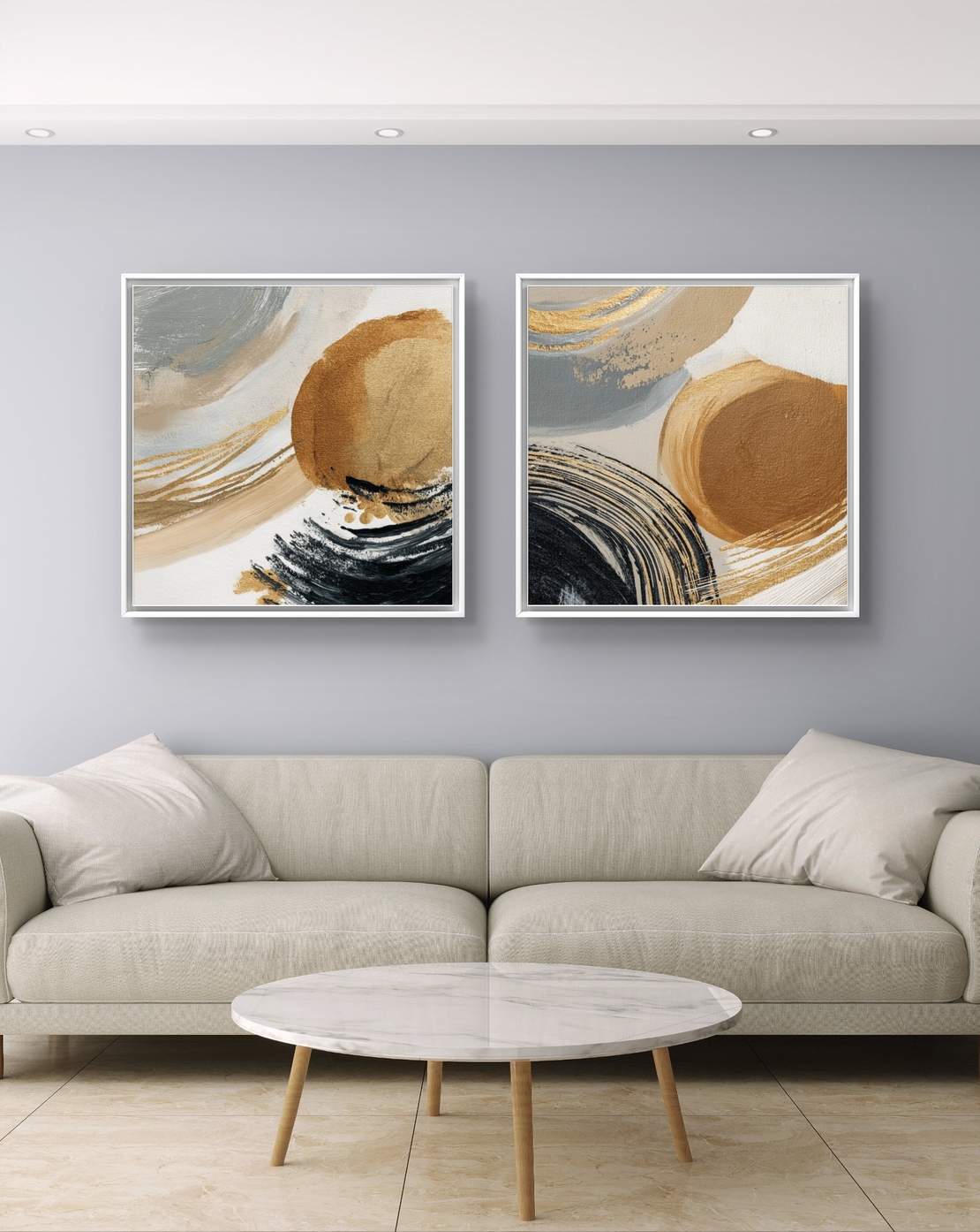 זוג תמונות קנבס מרובעות בסגנון מופשט עם מעגלים וקווים בגווני זהב, שחור ובז’ בעיצוב מודרני ויוקרתי