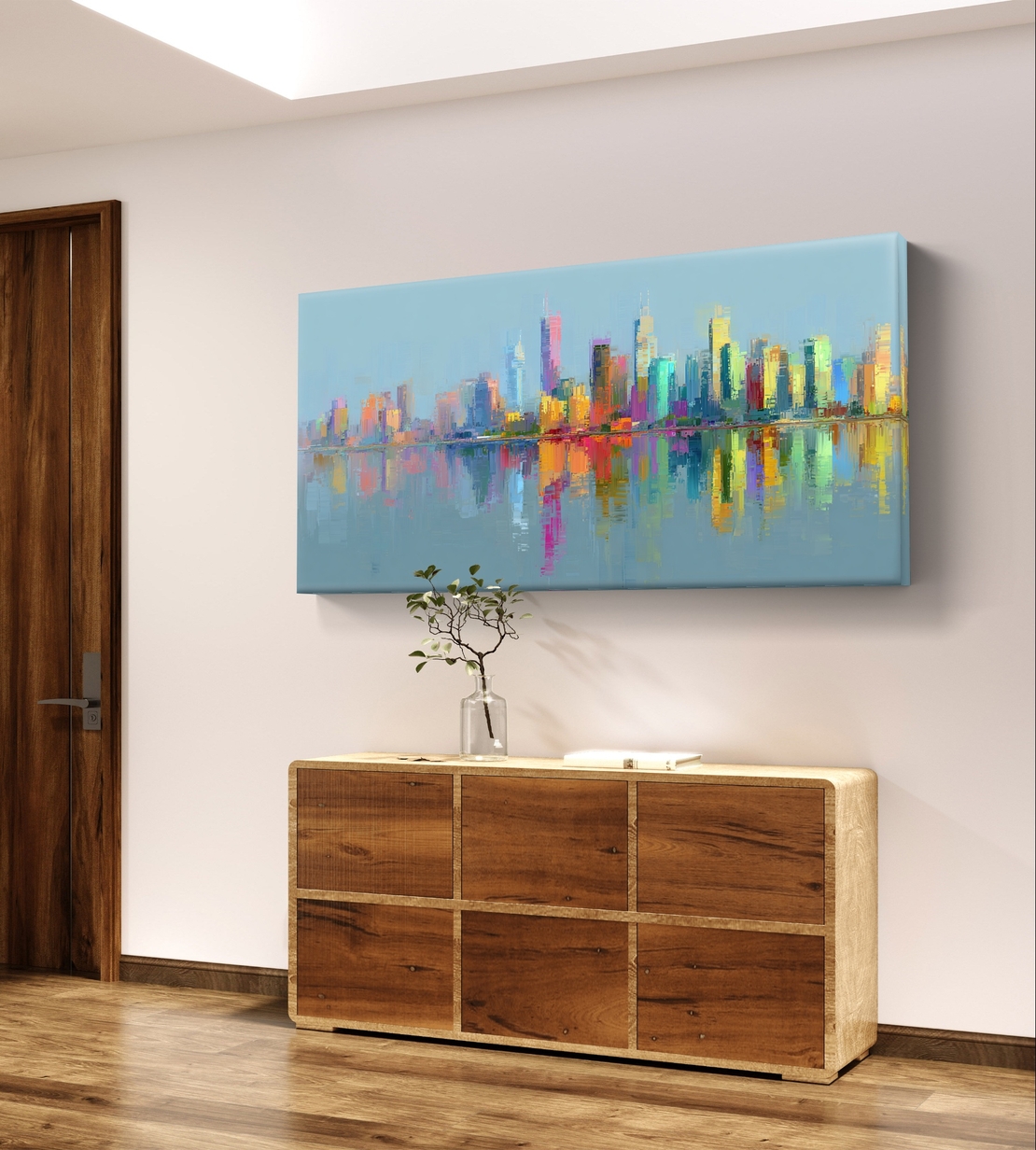 תמונת קיר אבסטרקטית הדפסה חלקה לא תבליט עם נוף עיר