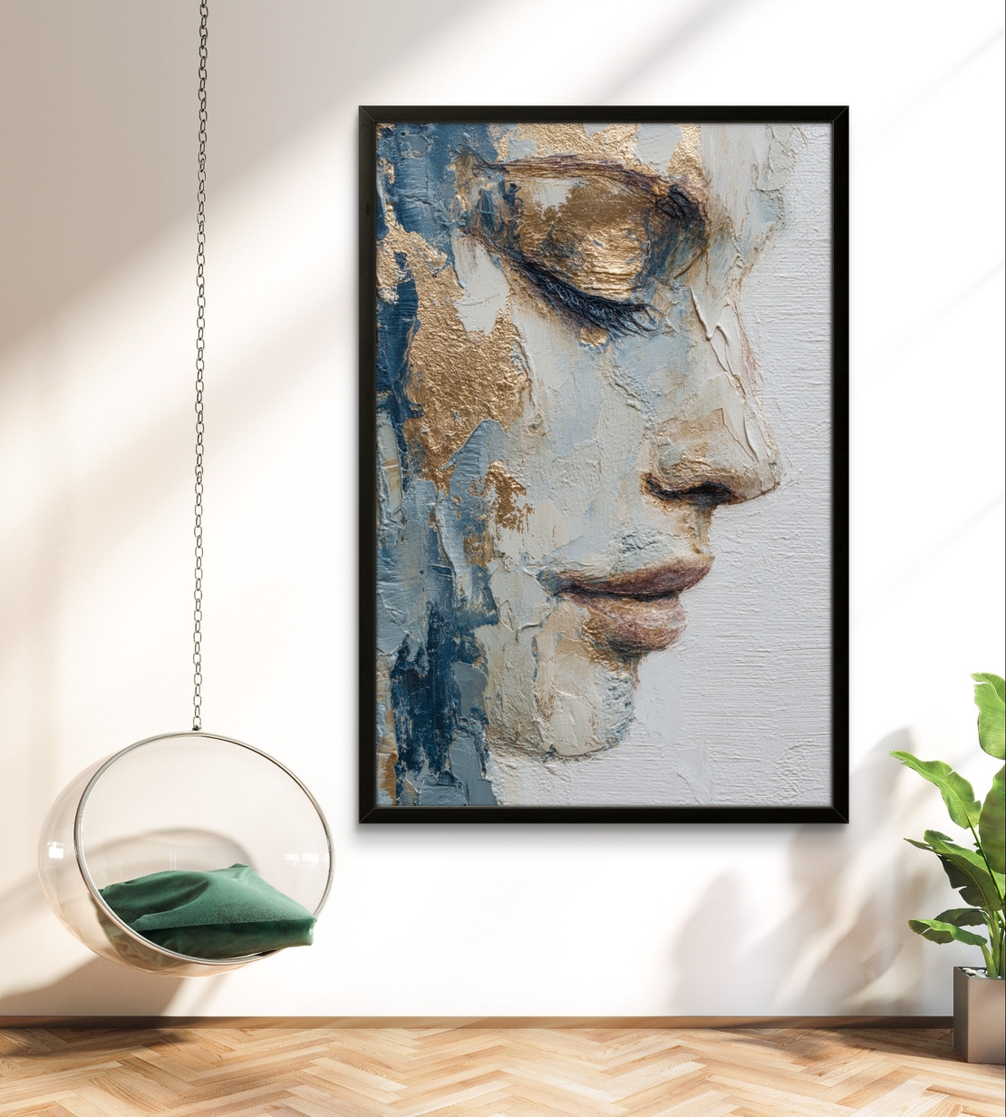 תמונת קנבס של דיוקן צד בגווני כחול, לבן וזהב בהדפסה חלקה – תכשיט לבית