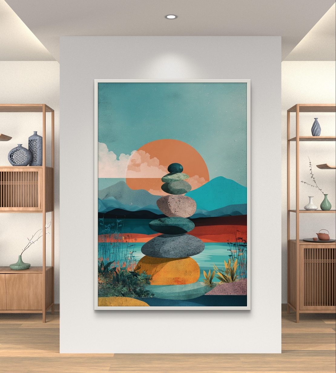 ציור נוף רגוע עם אבנים מאוזנות ושמש שקיעה