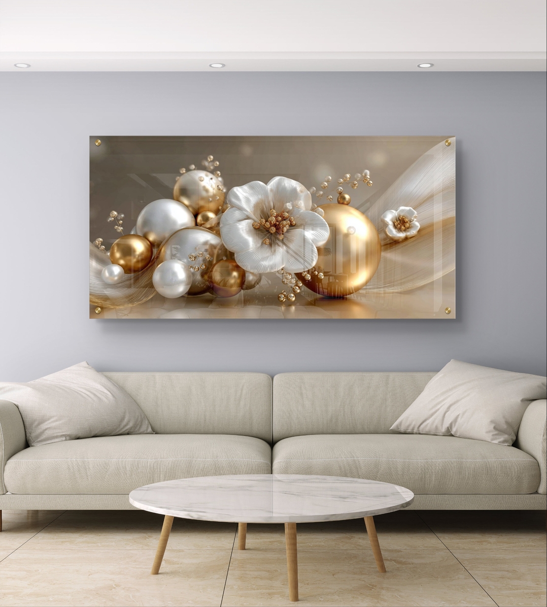 פרחי פנינה וזהב על זכוכית – תמונת זכוכית אלגנטית בגווני שמנת וזהב | GX4173