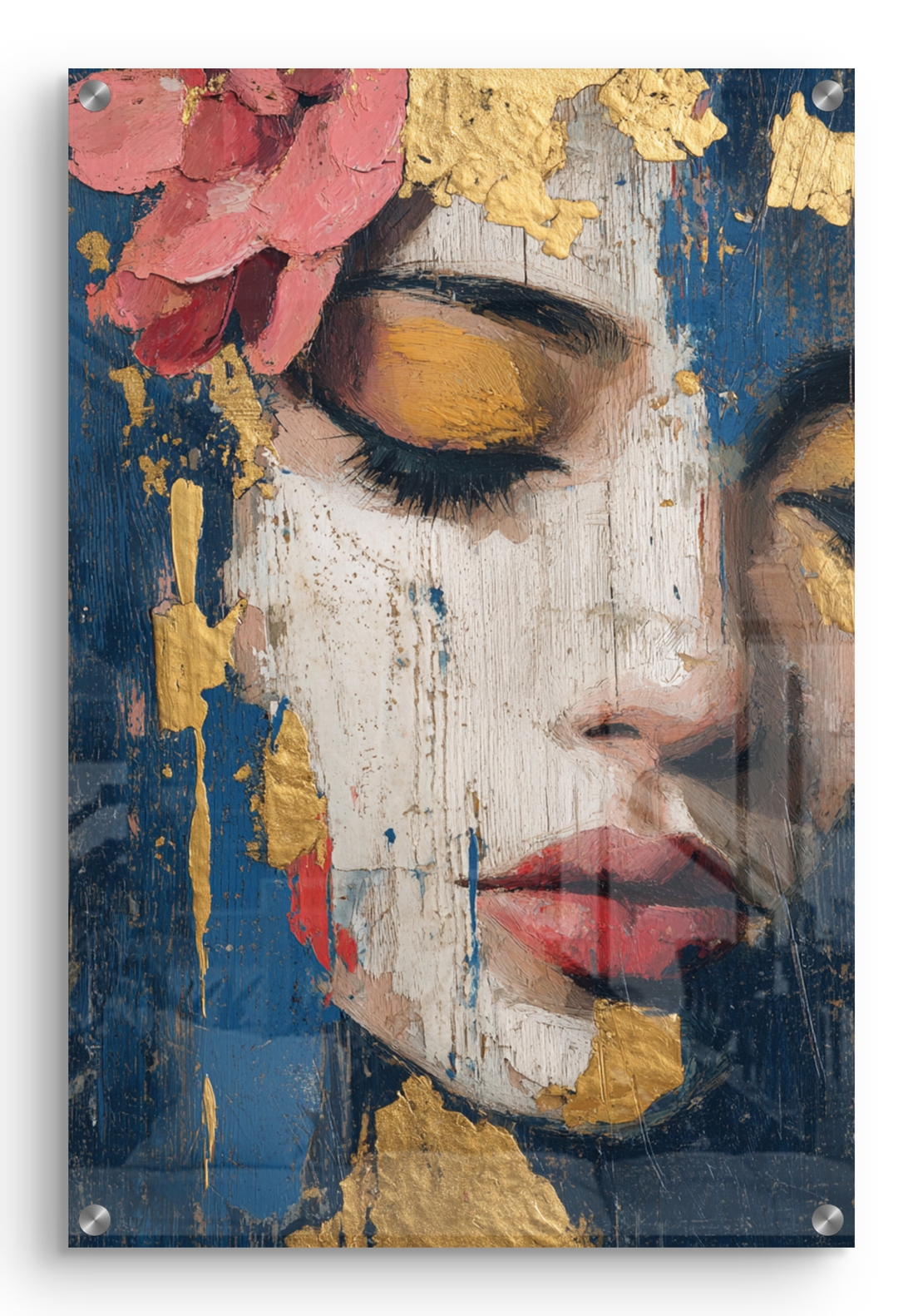 תמונת זכוכית עם דמות נשית בעיניים עצומות, טקסטורות זהב וגווני כחול בעיצוב אמנותי, רגוע ויוקרתי לקיר הבית