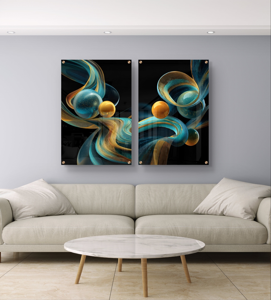 סט תמונות זכוכית זוגי בגווני תכלת וזהב עם גלים וכדורים זוהרים על רקע שחור – תכשיט לבית