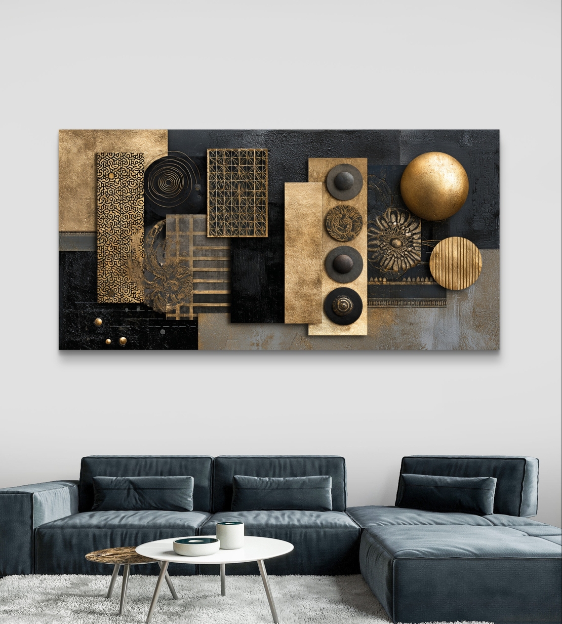 תמונת קנבס אבסטרקטית לרוחב בגווני שחור וזהב עם צורות גאומטריות וטקסטורות יוקרתיות