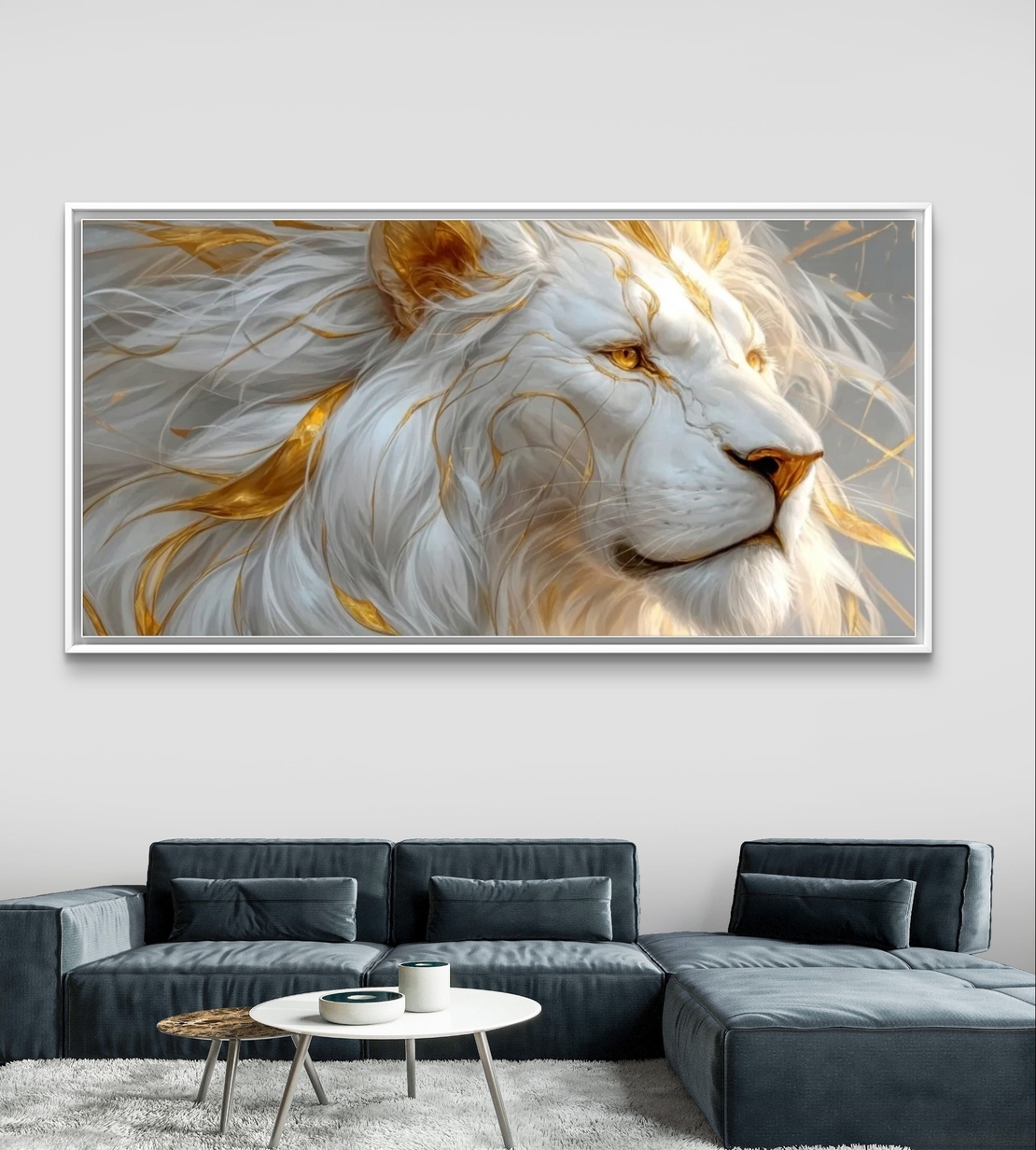 תמונת קנבס לרוחב של אריה לבן עם נגיעות זהב בעיצוב יוקרתי לעיצוב הבית