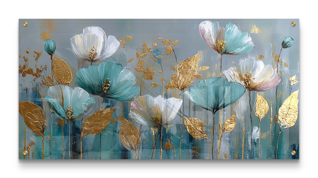 תמונת זכוכית לרוחב עם פרחים בגווני טורקיז ולבן ונגיעות זהב בעיצוב אלגנטי