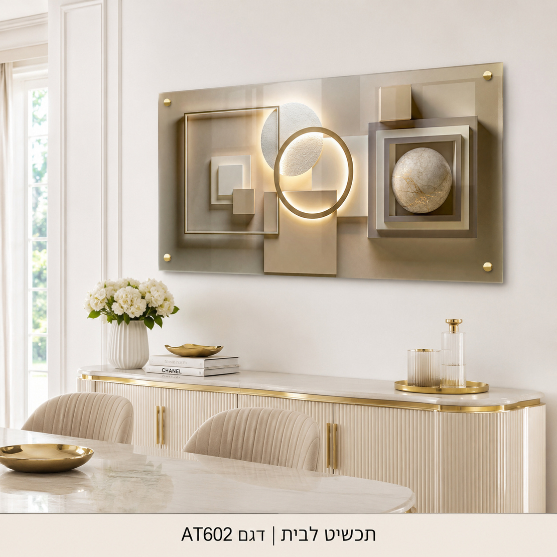 הרמוניה גיאומטרית מוארת – תמונת זכוכית לרוחב אבסטרקט יוקרתי לסלון | AT602