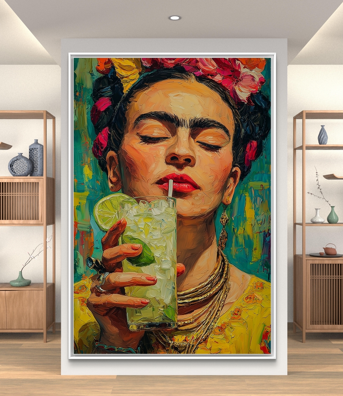 תמונת קנבס צבעונית בהשראת פרידה קאלו עם כוס משקה