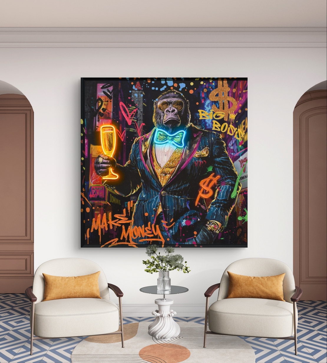 גורילה ביג בוס – תמונת LED צבעונית עם שלט רחוק, סוללות ותאורה ייחודית דגם LED1012 - מידה 83*83 ס