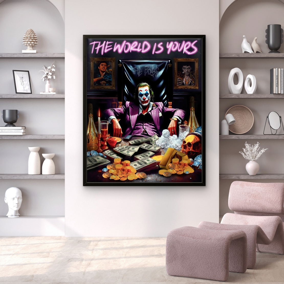 תמונת קנבס, הג'וקר, THE WORLD IS YOURS, אומנות לקיר, תמונות לבית, תמונות לסלון, עיצוב יוקרתי, תמונת פופ ארט, תכשיט לבית, קנבס איכותי, תמונות מעוצ