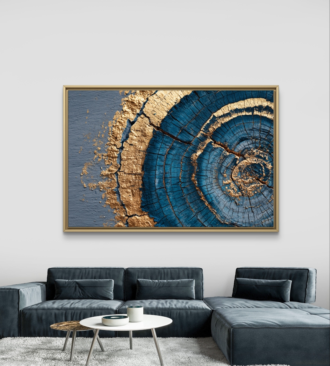 תמונת קנבס אבסטרקטית עם מעגלים בגווני כחול וזהב בהשראת חתך עץ
