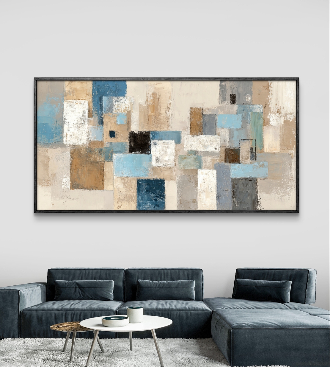 תמונת קנבס לרוחב בעיצוב אבסטרקטי גאומטרי בגווני תכלת, אפור ושמנת לסלון מודרני