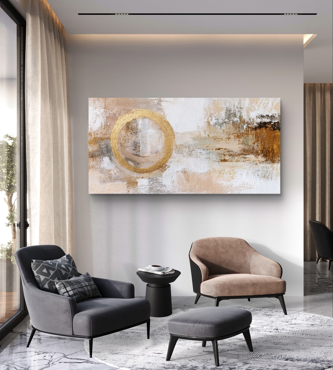 תמונת קנבס אבסטרקטית בהירה עם טבעת זהב מרכזית