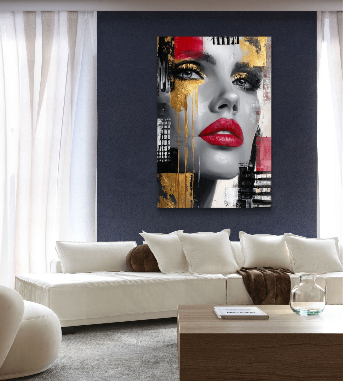 תמונת קיר מודרנית יוקרתית עם אפקט זהב ואדום עז