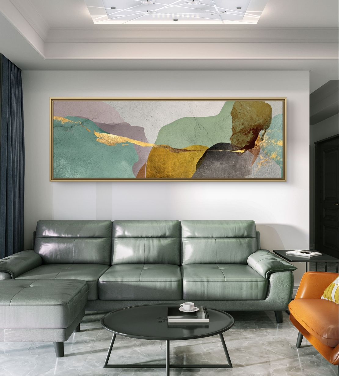 תמונת קנבס אבסטרקטית בגווני מנטה, בז׳, חום וזהב עם קו זהב דק