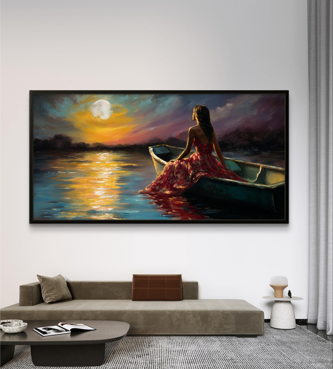 ירח על המים – תמונת קנבס אישה בסירה באווירה רומנטית לילית | CK7125