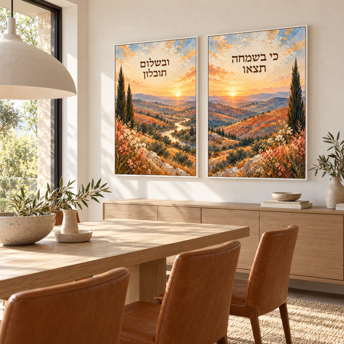 זוג תמונות קנבס כי בשמחה תצאון בנוף שקיעה | דגם RB2983